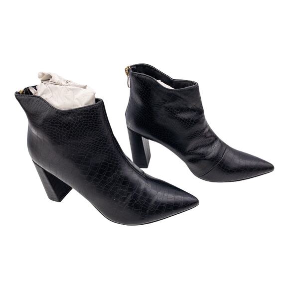 Atalina Black Croc Embossed Pointed Toe Tall Block Heel Ankle Boots 9 Women's - Picture 4 of 9